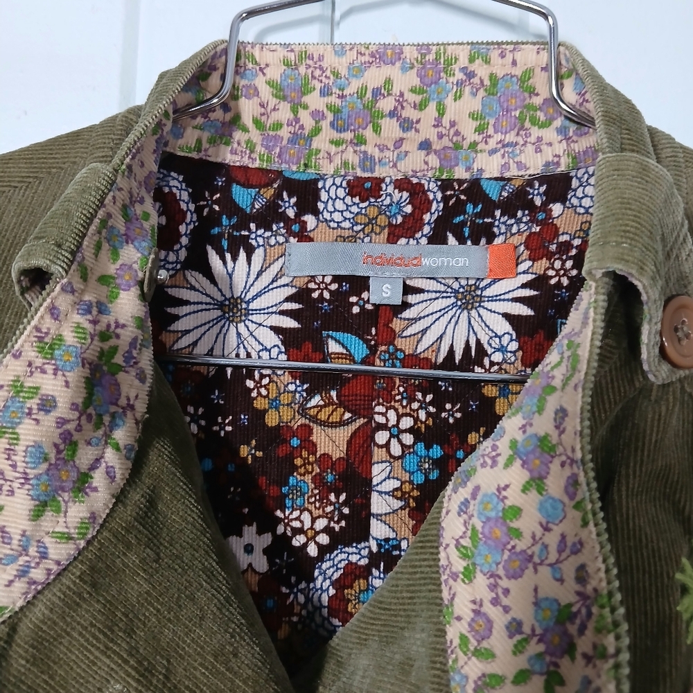 Vintage Olive Green Embroidered Corduroy Pea Coat - Picture 7 of 11
